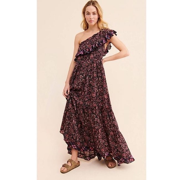 🌿Free People Red What About Love Maxi One Shoulder Floral Plaid Dress - Picture 2 of 11